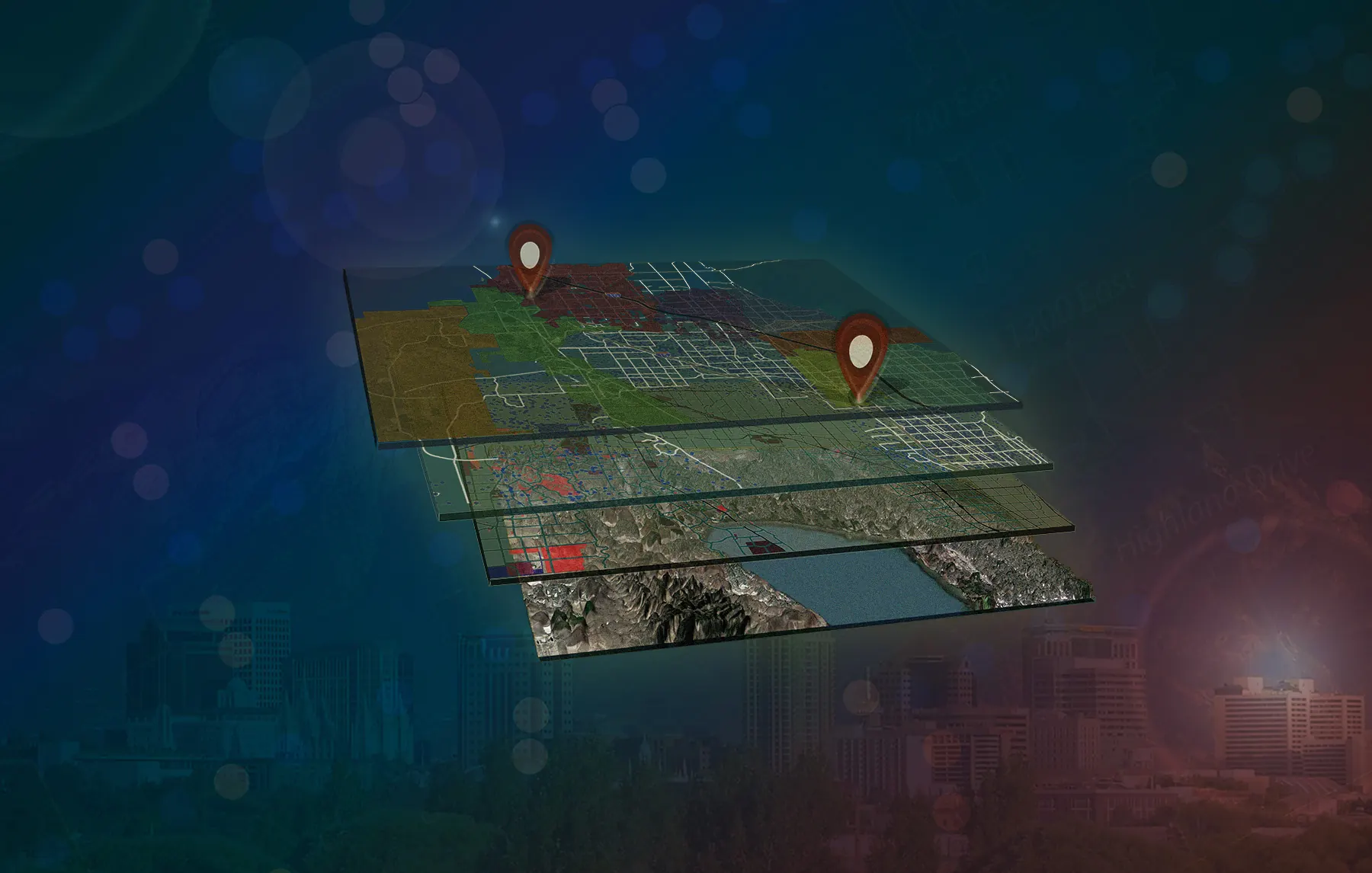 Layered digital maps floating above a city at night