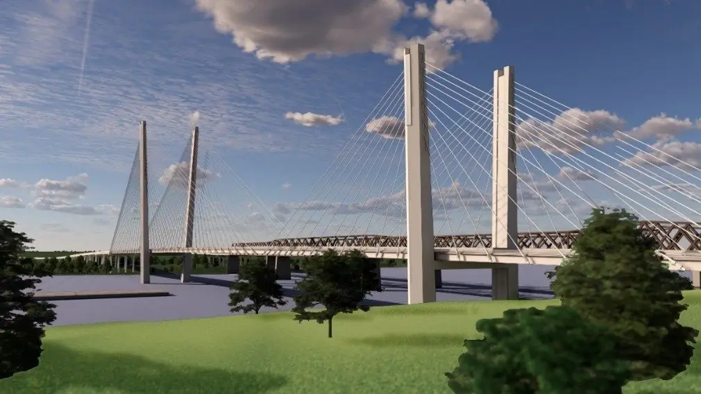 Rendering of a cable-stayed bridge across the Mississippi River