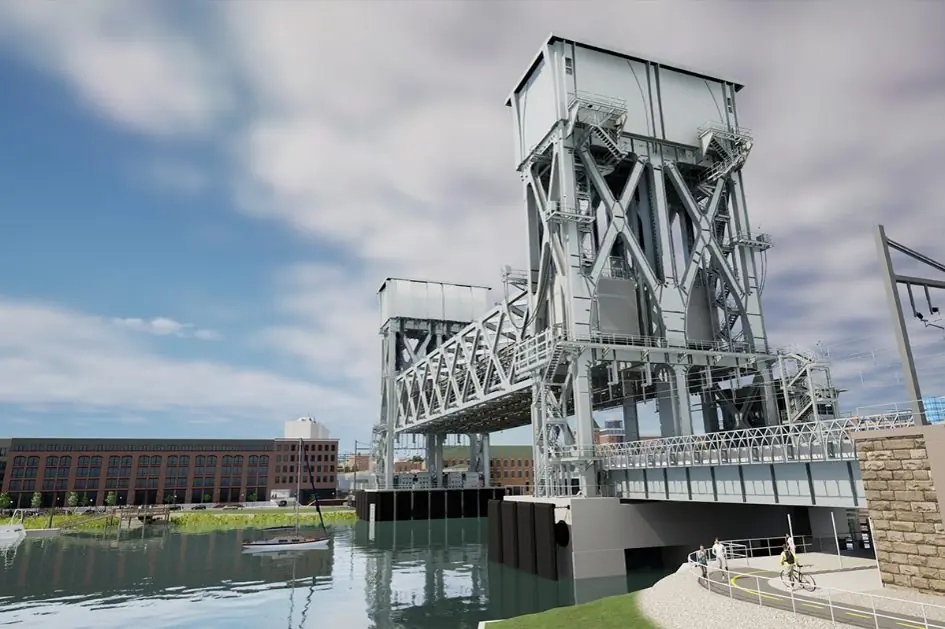 Rendering of the new vertical lift bridge over the Norwalk River