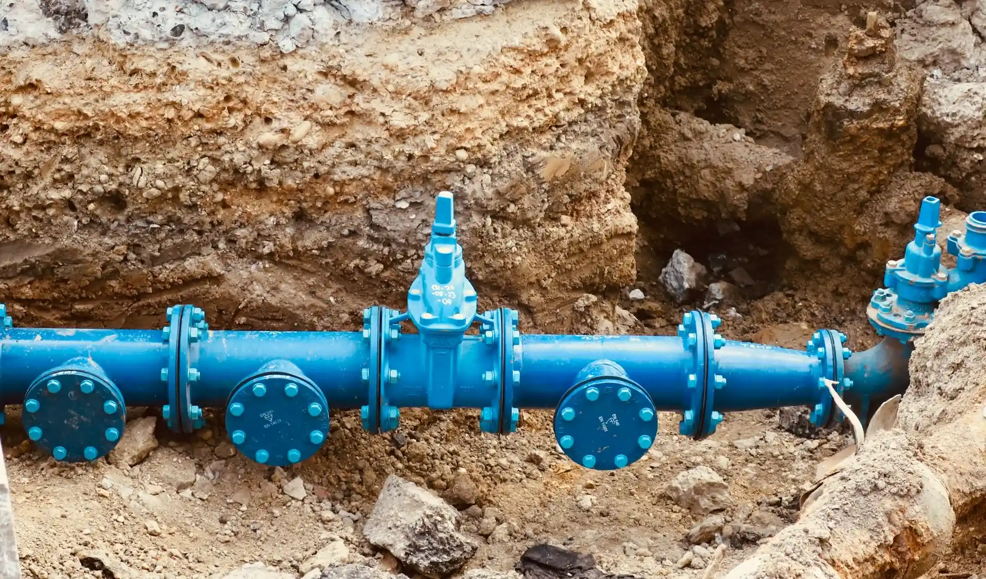A new blue water main with valves laid in an open trench